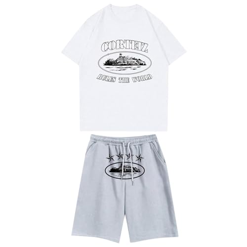 Conjunto de pantalones cortos y camisa de verano para hombre con cuello redondo, camiseta básica casual suelta para gimnasio, jogging, ropa deportiva de sudor para hombre, blanco, M