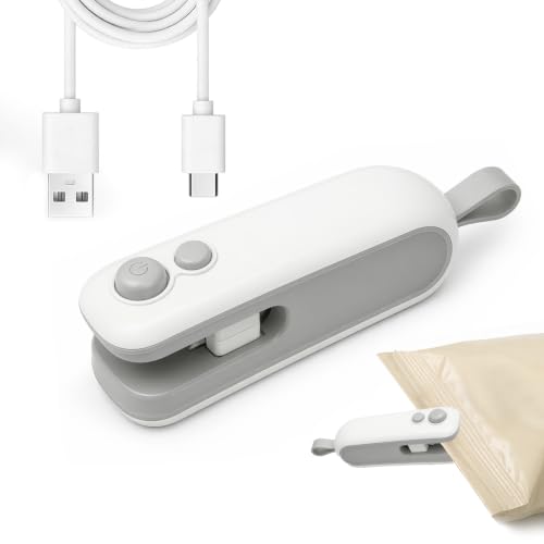 Mini Selladora de Bolsas 2 en 1 con Cortador, Sellador Térmico Portátil, Recargable por USB, Sellador Térmico de Bolsas de Plástico para Alimentos Snacks Papas Fritas, Fácil de Usar (blanco)