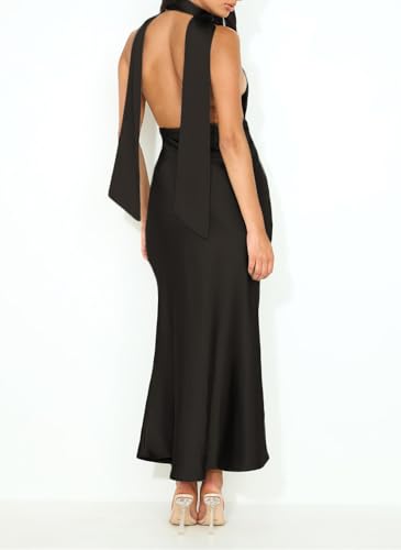 Image of 2026 Women's Satin Halter Deep V Neck Wedding Guest Maxi Dresses | Summer,Backless,Silky,Sleeveless,Open Back,Wedding Guest,Cocktail,Party,Date night,Engagement,Elegant,Long Dresses
