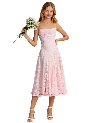 MarhJean Floral Lace Junior Bridesmaid Dresses Short Wedding Guest Square Neck Blush Pink Flower Girl Dress Teen Girls Formal Graduation Prom Gowns Size 16