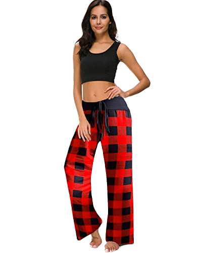 Newcosplay Women's Comfy Pajama Pants Floral Print Drawstring Palazzo Lounge Wide Leg Pants (Red/Black-Plaid, 3X-Large) #TOP4