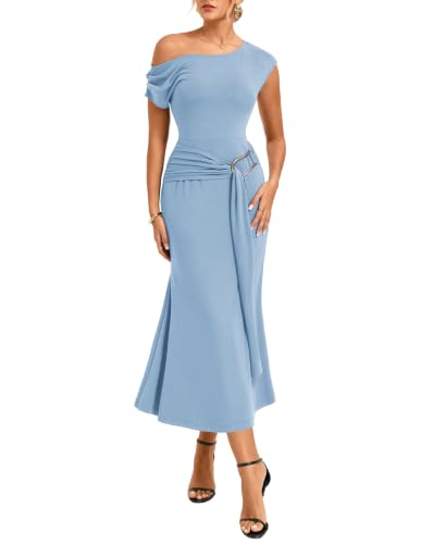GRACE KARIN Damen Elegantes Kleid mit Schärpe, einfarbiges Bodycon Maxikleid, schräger Halsausschnitt, Kurze Ärmel, taillierte Silhouette für Hochzeit und Feier Himmelblau L