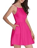 FANCYINN Women's Casual Short Dress Spaghetti Strap Backless Mini Skater Graduation Dress Rose Red XS