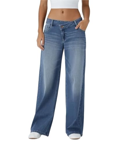 Asymmetrical Low-Rise Loose Jeans, Washed Casual Jeans, Baggy Stretch Jean with Asymmetric Hem