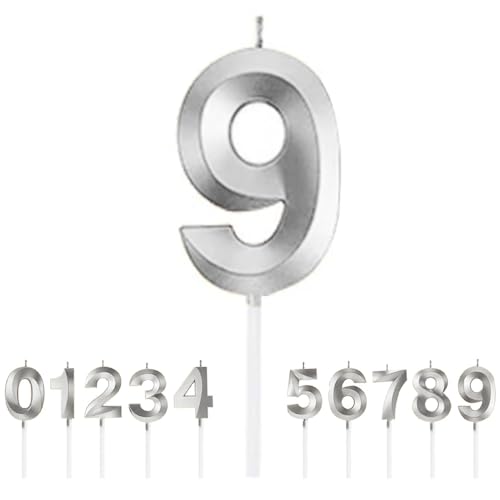 WFGKPXC バースデー ナンバー キャンドル ロウソク 誕生日 3Dシェイプバースデーケーキ ダイヤモンドキャンドル数字型 高級 ろうそく おしゃれ 記念日 ルウエディングパーティー卒業パーティー (シルバー, 番号9)
