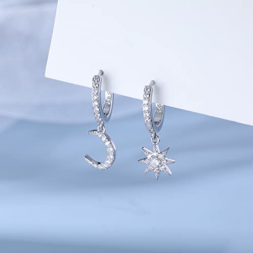SLUYNZ 925 Sterling Silver Sparkling CZ Star Moon Small Hoop Earrings for Women Teens Asymmetric Star Moon Huggie Earrings4