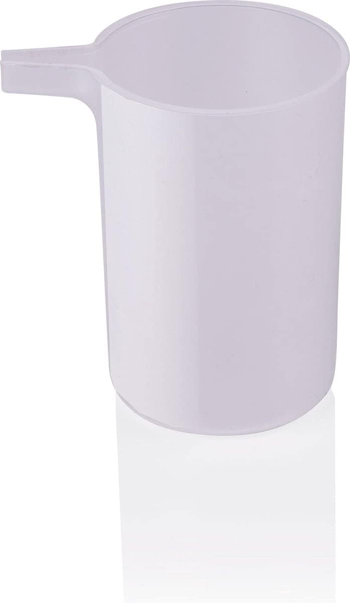 White plastic measuring cup for precise water filling