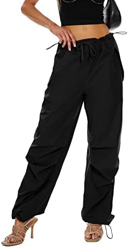 HORSSLE Parachute Pants Cargo Pants Women Baggy Y2K Drawstring Elastic Low Waist Sweatpants with Pockets Street Wear Outdoor Black L