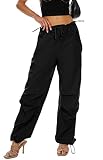 HORSSLE Parachute Pants Cargo Pants Women Baggy Y2K Drawstring Elastic Low Waist Sweatpants with Poc