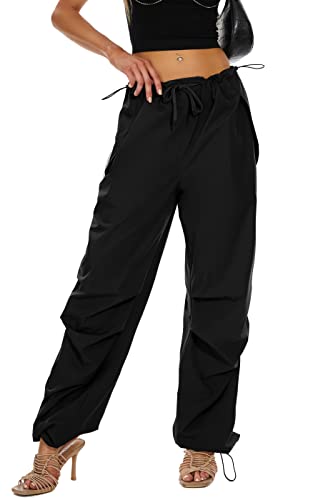Horssle Parachute Pants Cargo Pants Women Baggy Y2K Drawstring Elastic Low Waist Sweatpants With Pockets Street Wear Outdoor Black L #TOP3
