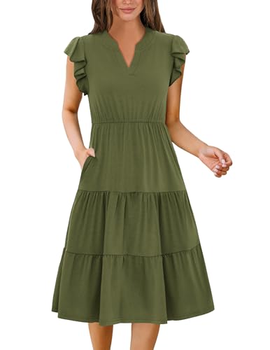 Zeagoo Women's Summer Dress Short Sleeve V Neck Sundress Ladies Beach Casual Knee Length Dresses with Pockets Army Green M