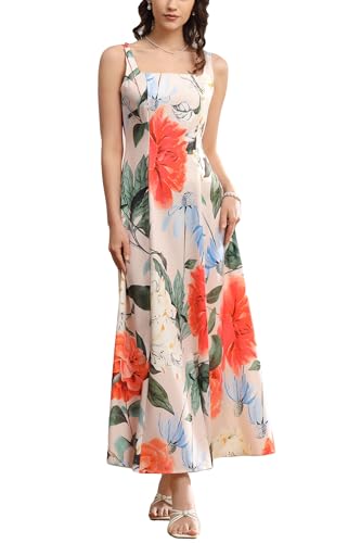 Image of Velius Women's Square Neck Sleeveless Floral Flowy Long Dress A Line Maxi Dress