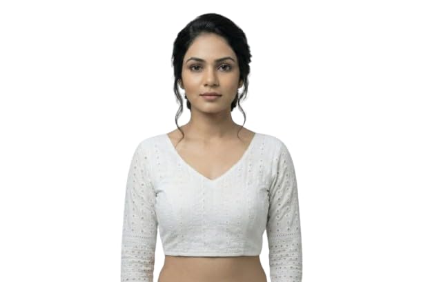White Eyelet Embroidered Saree Blouse, V-Neck, Full Sleeves, Cotton Blend, Crop Length, Back Tie-up Closure-image-17