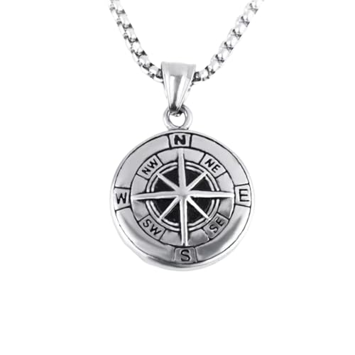 Pendentif Viking Boussole en argent rétro pour homme avec chaîne punk hip-hop robuste