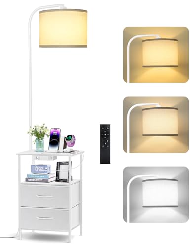 OUTONLIFE Lampada da Terra con Tavolino, 2 Cassetti in Tessuto e Mensola, LED Dimmerabile con...