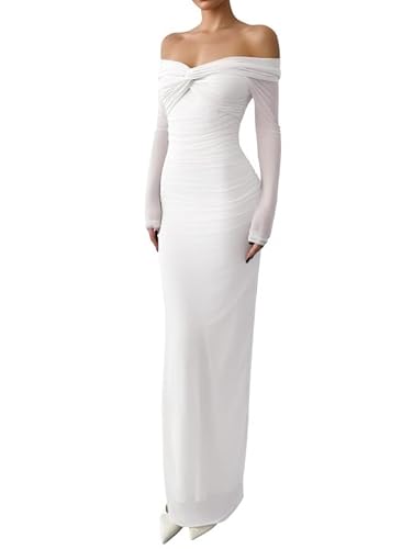 Off Shoulder Long Sleeve Bodycon Maxi Dress Mesh Twist Ruched