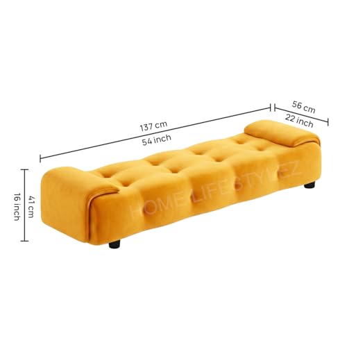 Image of Home Lifestlez Monel 2 Seater Tufted Ottoman Bench | Velvet Upholstered | Seating Bench Window Bench Footrest Stool End of Bed Bench Living Room Furniture | Comfortable & Stylish - Yellow