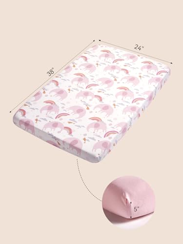 Image of TILLYOU Mini Crib Fitted Sheets - Soft Knit Sheet for Pack N Play, Microfiber Mini Crib Sheets, 38 x 24 Playpen Bedding Sheet for Baby 2 Pack, Machine Washable, Rainbow Elephant