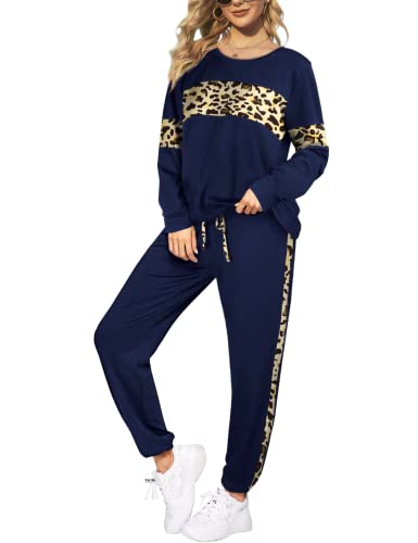 Image of Sipaya 2 Piece Sweatsuits Outfits for Women Crewneck Colorblock Striped Pants Sets with Pockets