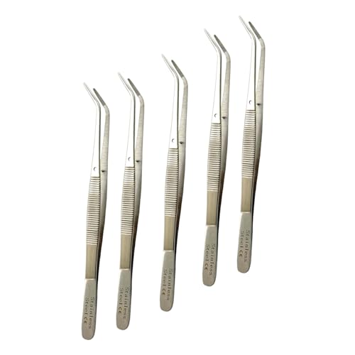 6In Curved Serrated Tipped College Cotton Plier Tweezers with GuidePin | Thumb Dressing Forceps - Multi-Purpose Tweezers (5 Piece Lot)