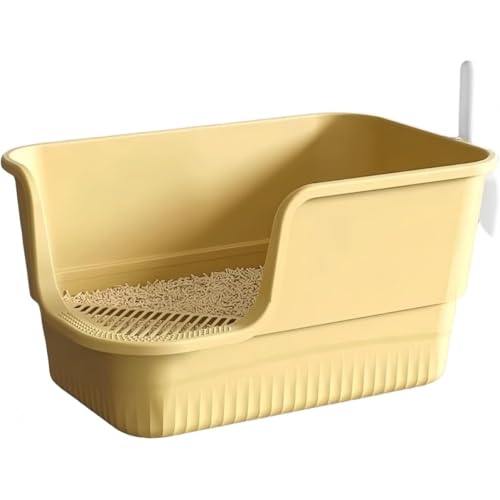 Wyazziv超大型猫用トイレ オープンタイプ 大きい猫 多猫 本体 簡単掃除 清潔 飛散防止 猫砂スコップ付き (yellow,65cm送猫砂べら【20斤内猫/多猫適用】)