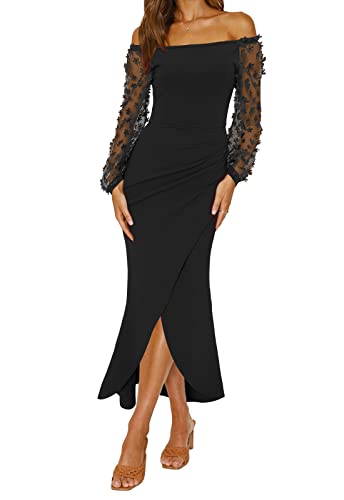 BTFBM Abendkleid Damen Elegant Off Shoulder Cocktailkleid Lange Ärmel Maxi...