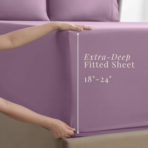 Image of Hearth & Harbor Extra Deep Pocket Sheets - Fits Mattress 18-24 Inches Deep - Extra Deep Pocket Split King Size Sets - 7 Piece Split King Size - Lavender