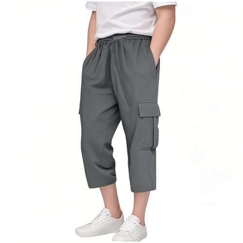 Kids Cargo Cropped Sweatpants Baggy Straight Elastic Waist Sweat Pants Boys Girls Fall Wide Leg Trousers with Pockets
