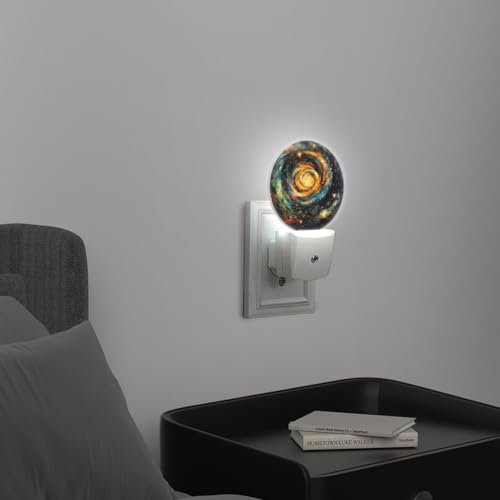 Image of LED Night Lights Lamp with Dusk to Dawn Sensor, Orange-Blue Rotating Galaxies Night Light Plug Into Wall for Kids Room, Bedroom, Bathroom, Kitchen, Hallway