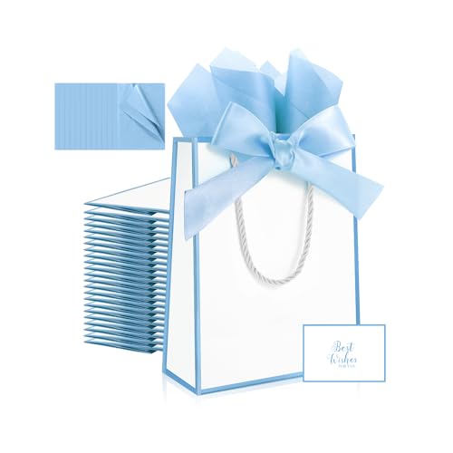 Ethhqu 12 Pack Small Gift Bags with Handles Include Tissue Papers & Cards 9x7x3.15 Thank You Gift Bags for Birthday Baby Shower Wedding Bridesmaids Anniversary Mothers Day (White and Blue)