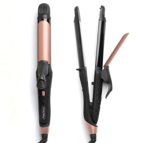 AmoVee 2 in 1 Flat Iron Curling Iron Hair Straightener, Dual Voltage, 1 inch, Carry Bag Included (Black)