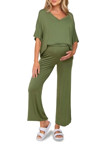 Tankaneo Womens Maternity Pajamas 2 Piece Lounge Set Soft Short Sleeve V Neck T-shirt Cropped Pants Pregnancy Loungewear, Army Green, Large