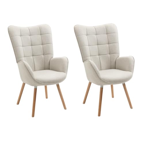 Meuble Cosy Lot de 2 Fauteuil Salon Scandinave Confortable Chaise de Coiffeuse Canapé Allaitement avec Assise Épais Accoudoirs Rembourés en Tissu Pieds Bois...