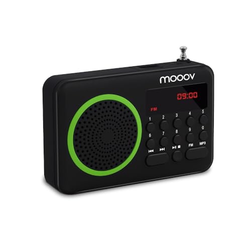 mooov 477202 Petite Radio Portable FM avec Batterie Rechargeable - Poste Transistor Radio Réception FM, Port USB, Lecteur Carte Micro SD - Noir / Vert