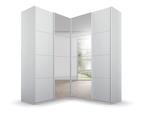 Rauch Möbel Quadra Schrank Eckschrank Schwebetürenschrank, Grau, 4-TRG. mit Spiegel, inkl. 2 Kleiderstangen, 12 Einlegeböden, BxHxT 181x229x187 cm