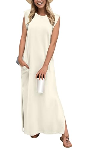 Image of GRECERELLE 2026 Women Year-Round Casual Round Neck Loose Split Wrinkle-Free Long Maxi Vacation Dress with Pockets (XXS-4XL)