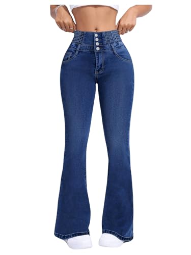 MakeMeChic Women's High Waisted Skinny Jeans Y2K Denim Flare Pants Bell Bottom Shirred Trousers with Pocket