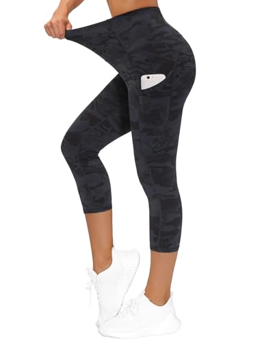 Image of THE GYM PEOPLE Thick High Waist Capris Yoga Pants with Pockets, Tummy Control Workout Running Yoga Leggings for Women