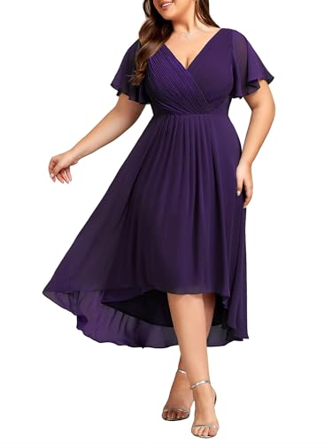 Image of Ever-Pretty Plus Summer Short Sleeves V-Neck Formal Wedding Guest Dresses for Curvy Women Chiffon Midi Cocktail Party Dress