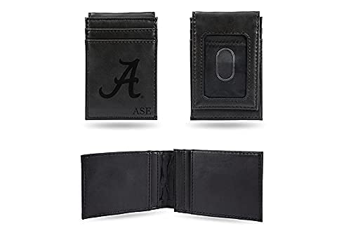 Rico Industries NCAA Alabama Crimson Tide Black Personalized/Custom Laser Engraved Front Pocket Wallet - Slim/Light Weight - Great Gift Item