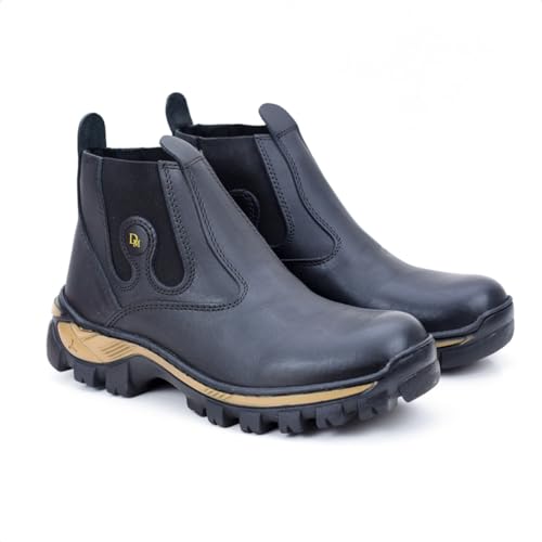 Bota Masculina Botina em Couro Impermeável Coturno Palmilha Gel Confortável (PRETO, BR, Adulto, Numé