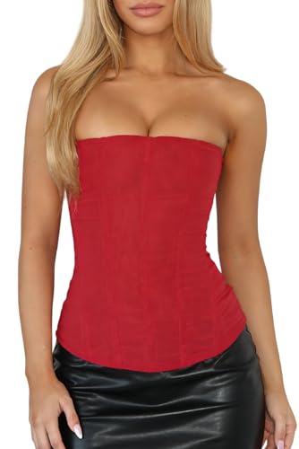 NUFIWI Women Mesh Strapless Bustier Boned Overbust Red...
