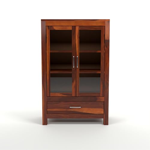 Image of Wooden Bookshelf and Crockery Cabinet with Glass Door | Wooden Book Rack for Home Library, Study Room | Bookshelf Crockery Unit for Home & Kitchen Living Room | in Finish