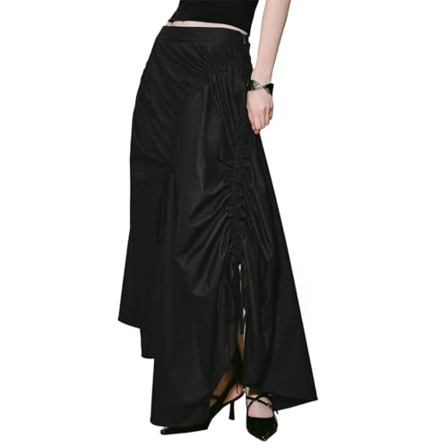 URBAN REVIVO Women's Ruffle Skirts Drawstring Ruched Asymmetrical A-Line Midi