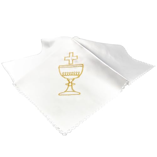 Lunexus Communion Christening Cloth Candle Cloth 22 x 22 cm - White Decorative Cloth with Golden Embroidery Chalice, Host and Cross and Lace Edge - Base for Communion Candle, Christening Candle, Altar