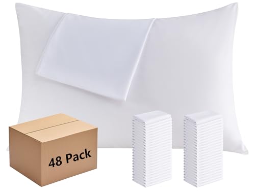 White Pillowcases Standard Size 48 Pack - Bulk Pillow Cases with Envelope Closure Soft Brushed Microfiber Pillow Covers Hospital Hotel Airb&bs Essentials for Hosts 20x26
