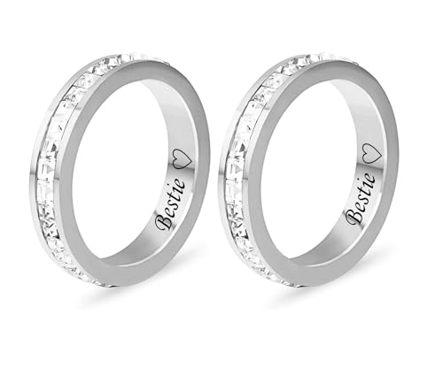 Personalized Best Friend Rings for 2 Stainless Steel CZ Flat Edges Eternity Stacking Ring Engagement Wedding Band for Sisters,BFF Friendship Jewelry,Bridesmaid Gift