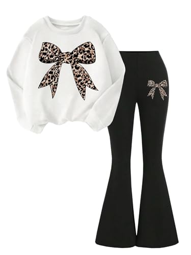Image of Girls 2 Piece Outfits Long Sleeve Crew Neck Bow Sweatshirt Top and Flare Pants Set
