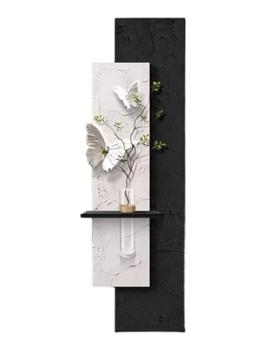 �A�[�g�p�l�� 3d Double Layer Sandstone Butterfly Wall Art with Led Light& Hydroponic Vase, Rectangle Frameless Wall Hanging Mural, Bei