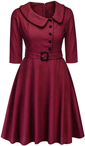 Oelise Women's 1950s Vintage Half Sleeve Swing Midi Cocktail Dresses with Belt Red 2X